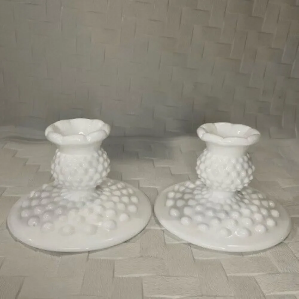 VTG Fenton Hobnail 2 Piece Candle Holder Set White Milk Glass Romantic Gift 3